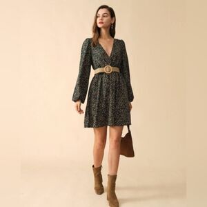 Rihoas | V-neck Green Floral Elastic Waist Long Sleeve Mini Dress | Medium